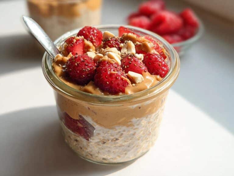 Close-up of dairy-free Peanut Butter Overnight Oats topped with fresh strawberries and nuts in a glass jar.