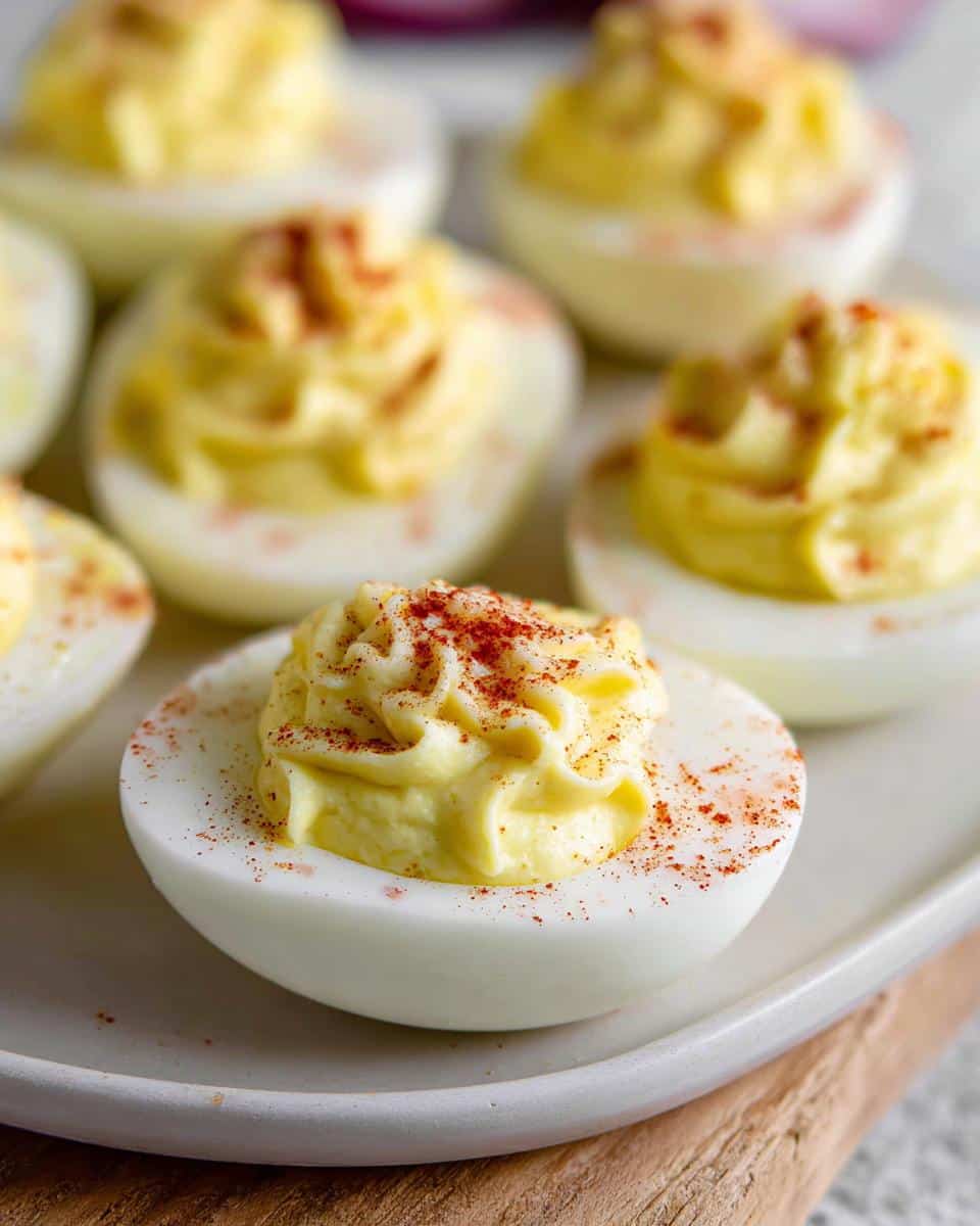 Close-up of a plate featuring several Dessert Deviled Eggs with piped yellow filling and a dusting of paprika.