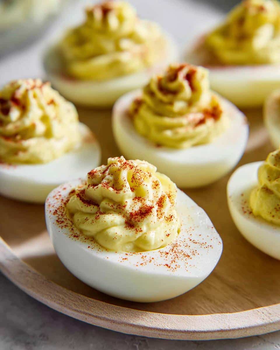 Close-up of perfectly piped, creamy filling in halved eggs, sprinkled with paprika, showcasing the Dessert Deviled Eggs.