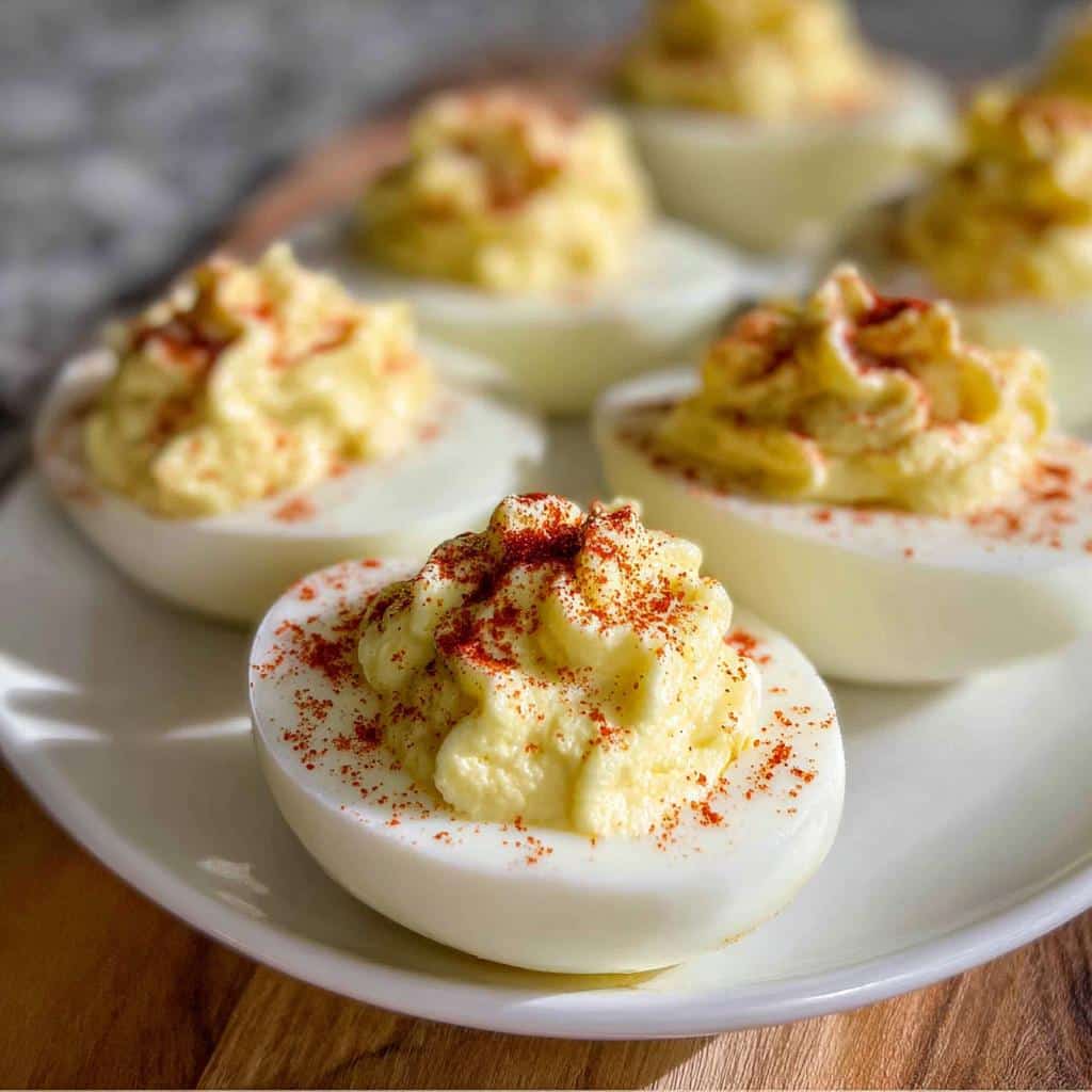 Close-up of creamy Dessert Deviled Eggs piped high and sprinkled with red paprika on a white plate.