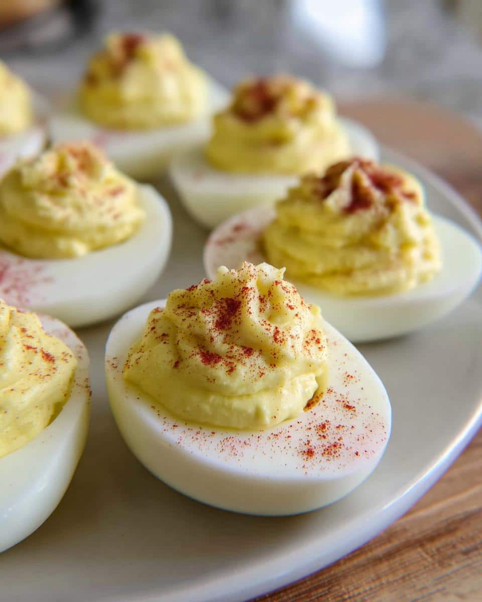 Close-up of several Dessert Deviled Eggs with creamy yellow filling piped high and sprinkled with paprika.
