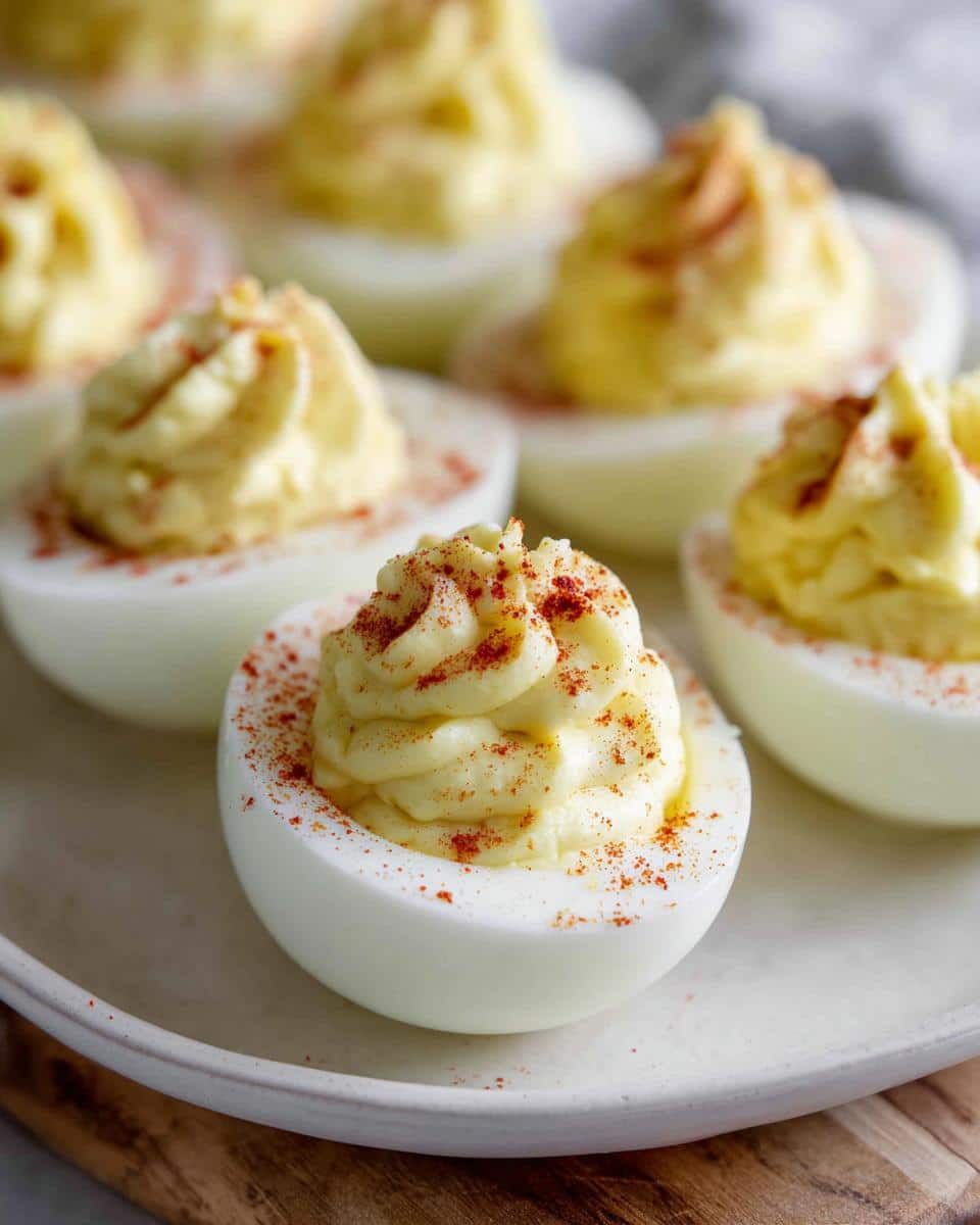 Close-up of perfectly piped Dessert Deviled Eggs sprinkled with red paprika on a white serving plate.