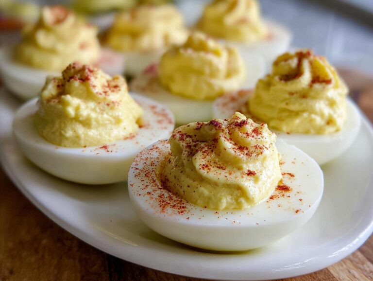 Close-up of several Dessert Deviled Eggs piped high with creamy filling and sprinkled with paprika.