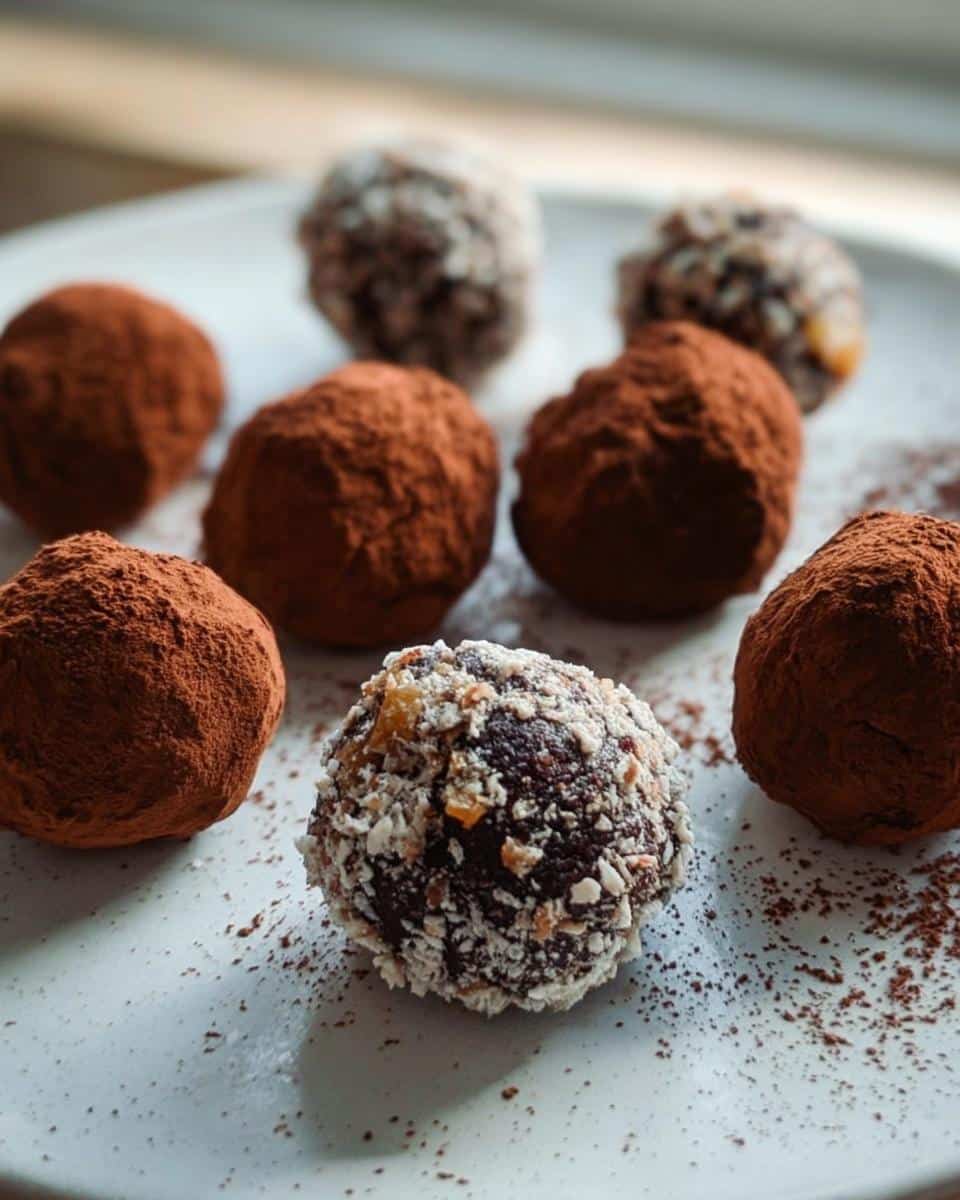 Close-up of chocolate truffles, some dusted in cocoa powder, others in white flakes, served on a plate.