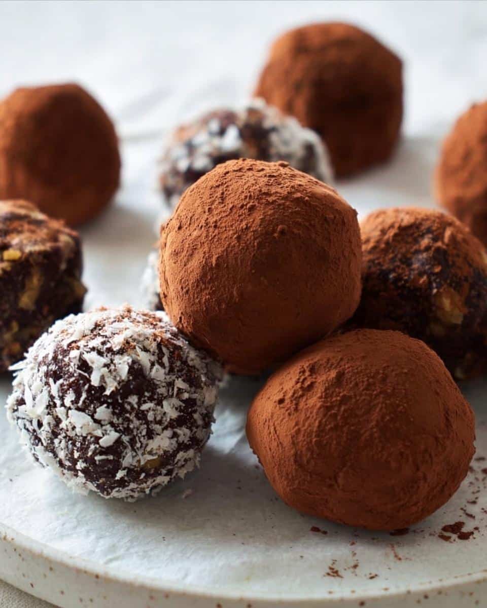 Close-up of chocolate truffles, some dusted with cocoa powder and one coated in shredded coconut, likely representing the Dessert Mashed Potatoes.