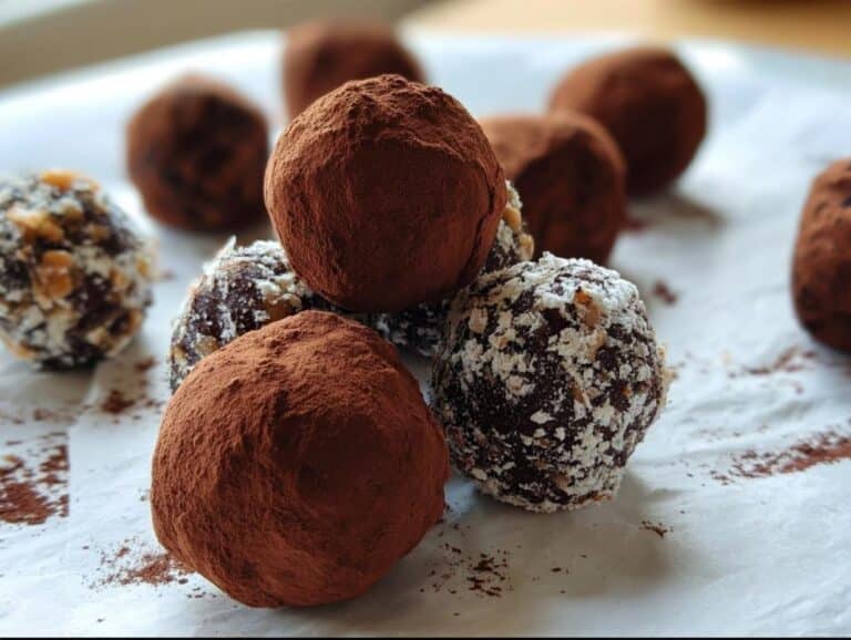 Close-up of chocolate truffles dusted in cocoa powder and powdered sugar, representing the surprising Dessert Mashed Potatoes.