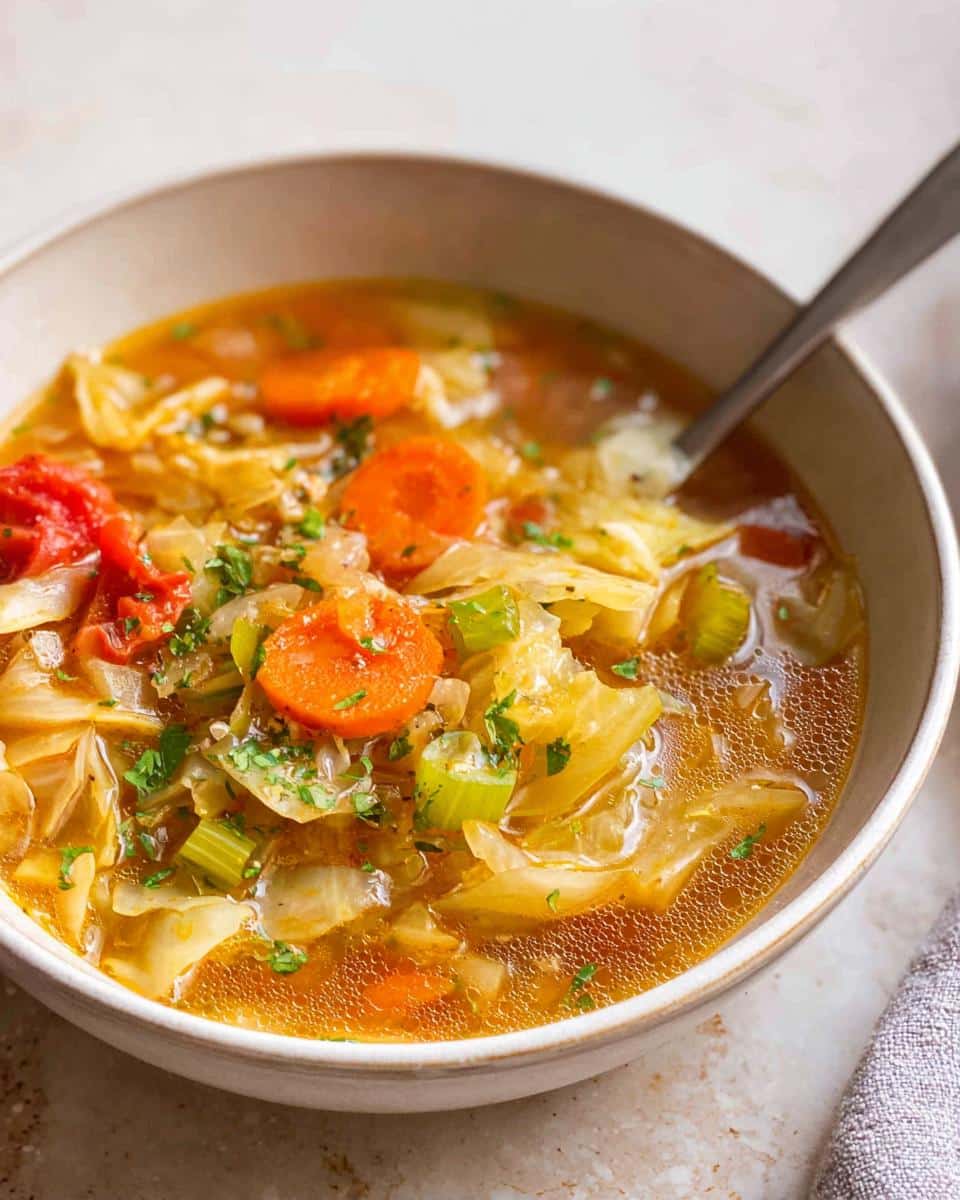 Close-up of a bowl of Detox Cabbage Soup featuring large pieces of cabbage, carrots, and celery in a savory broth.