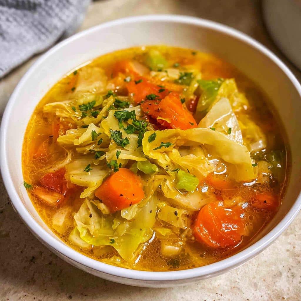 A close-up shot of a white bowl filled with steaming Detox Cabbage Soup, featuring large pieces of cabbage, carrots, and celery.