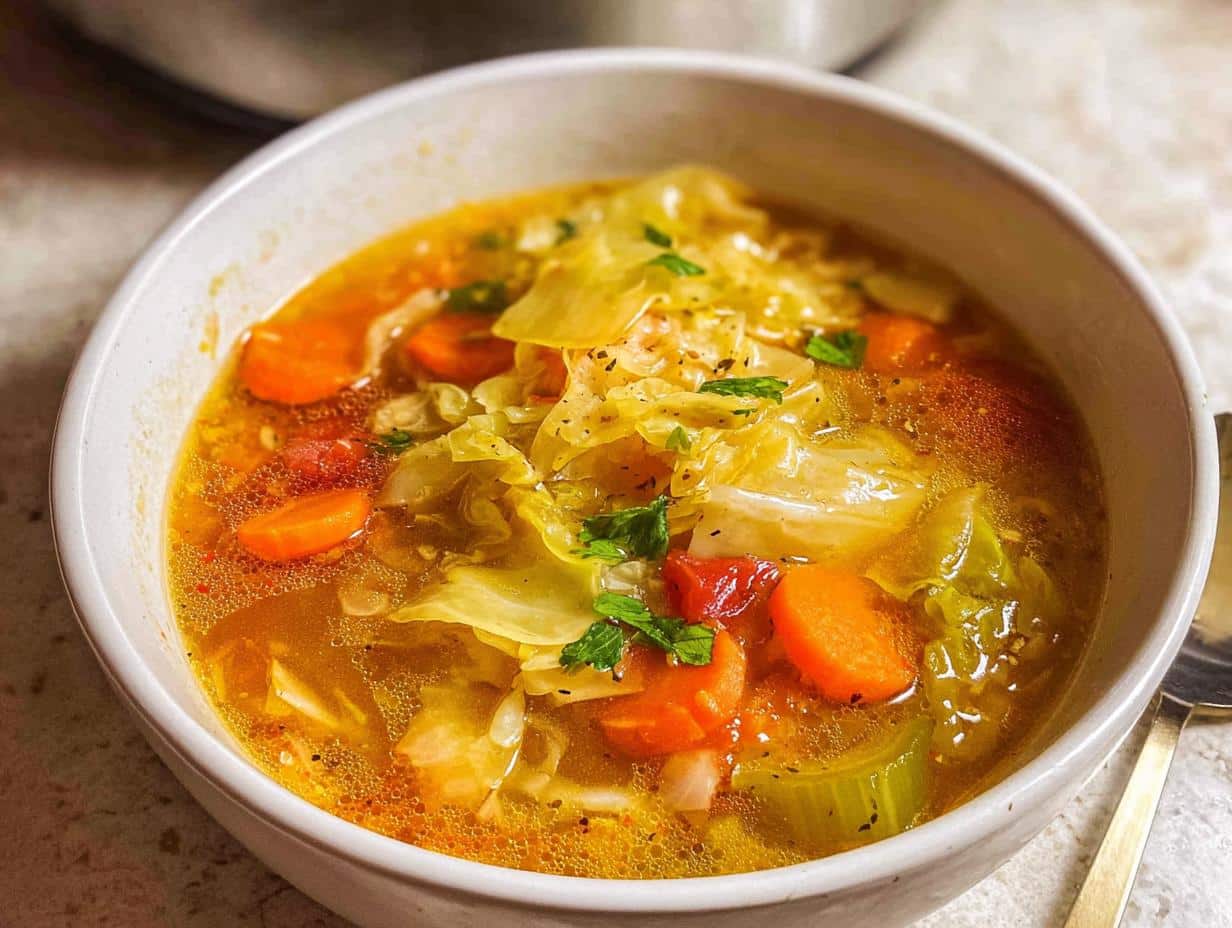 Close-up of a white bowl filled with steaming Detox Cabbage Soup, featuring large pieces of cabbage, carrots, and celery in a rich broth.