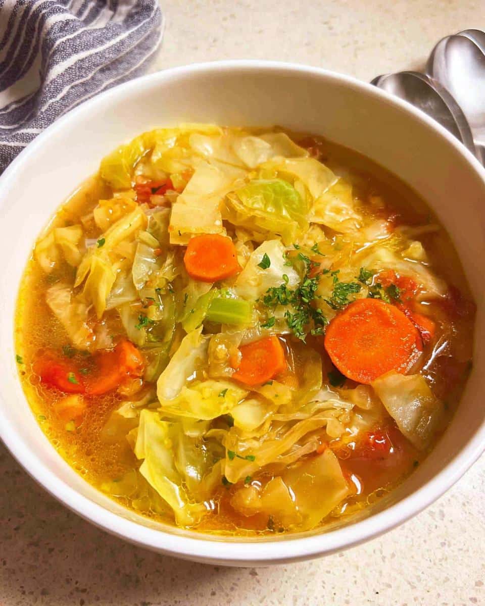 A close-up of a white bowl filled with steaming Detox Cabbage Soup, featuring large pieces of cabbage and bright orange carrot slices.