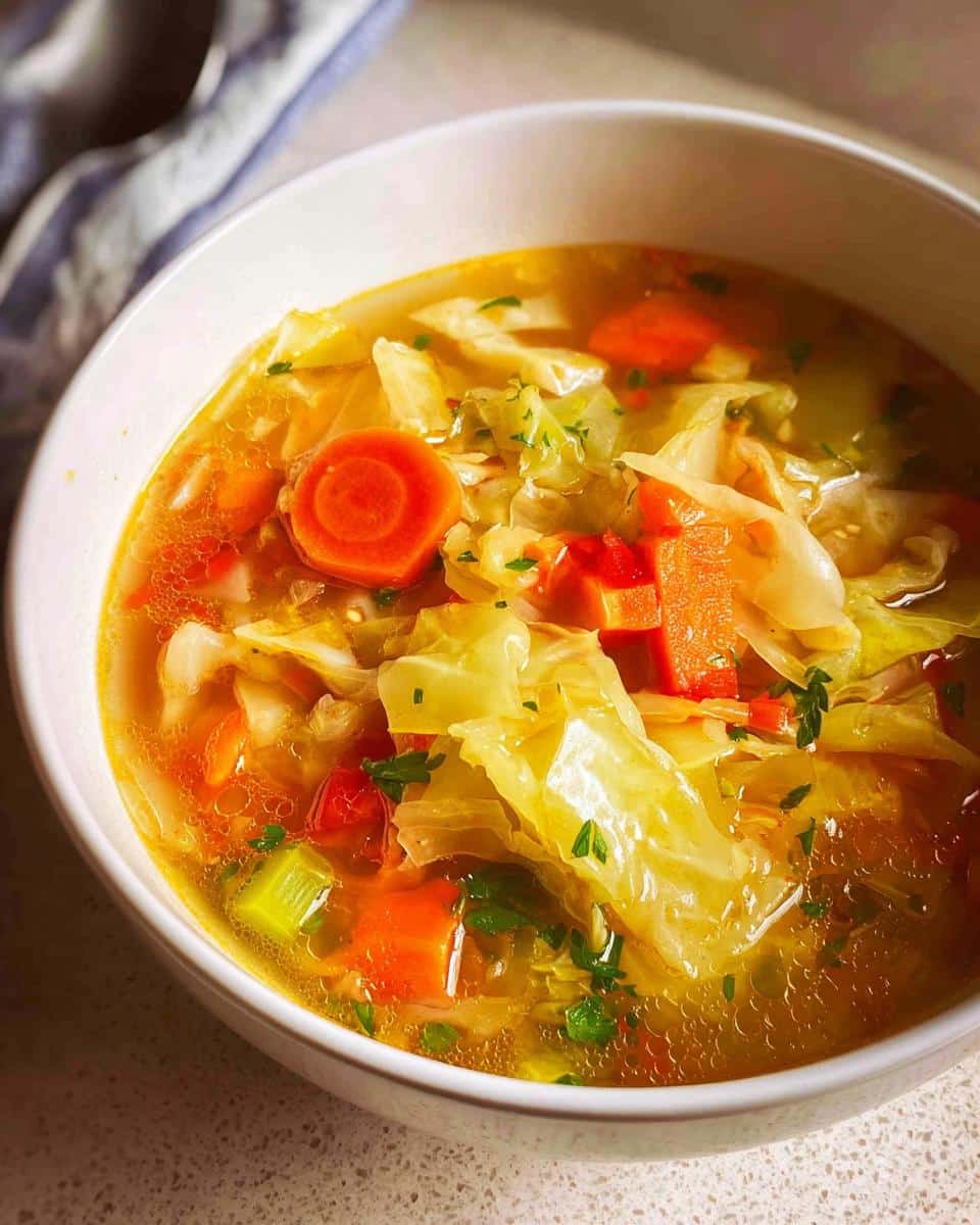 Close-up of a white bowl filled with steaming Detox Cabbage Soup, featuring large pieces of cooked cabbage, carrots, and celery.