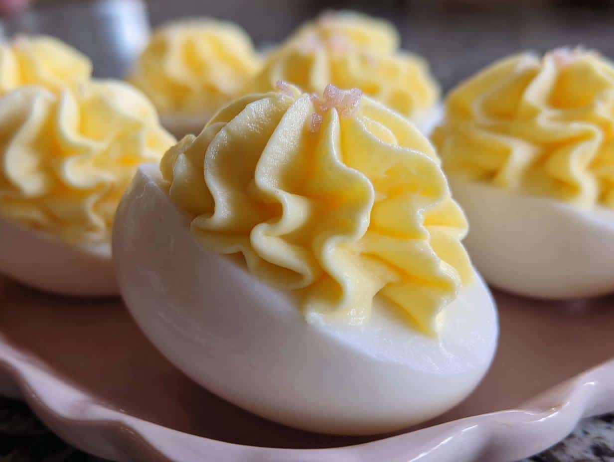Close-up of a Deviled Egg Cake Ball featuring a perfectly piped swirl of yellow filling on a white egg white base.