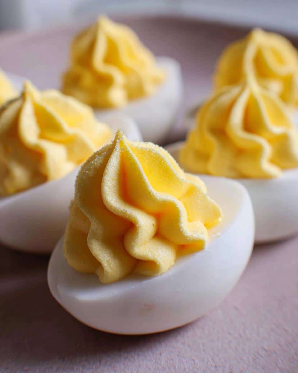 Close-up of a Deviled Egg Cake Balls half, showing piped bright yellow frosting filling.