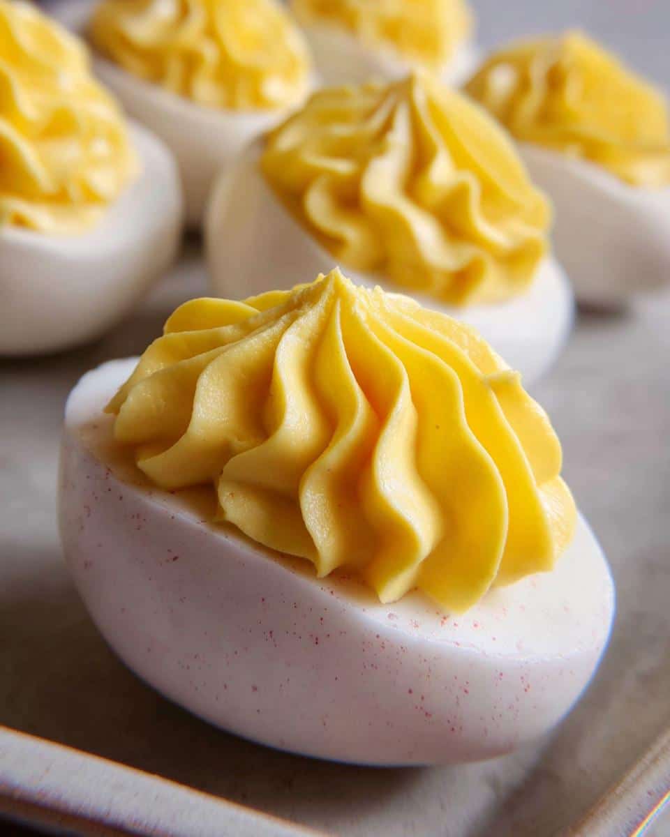 Close-up of a perfectly piped, bright yellow filling atop a white egg white half, resembling Deviled Egg Cake Balls.