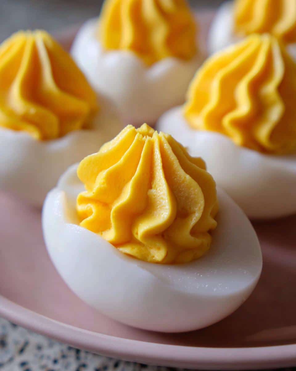 Close-up of a deviled egg half filled with bright yellow, piped filling, resembling Deviled Egg Cake Balls.