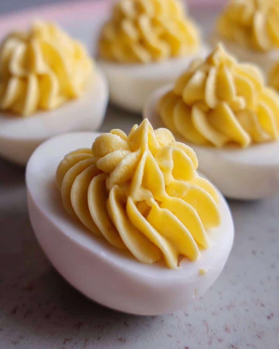 Close-up of a halved hard-boiled egg white filled with piped yellow yolk mixture, resembling Deviled Egg Cake Balls.