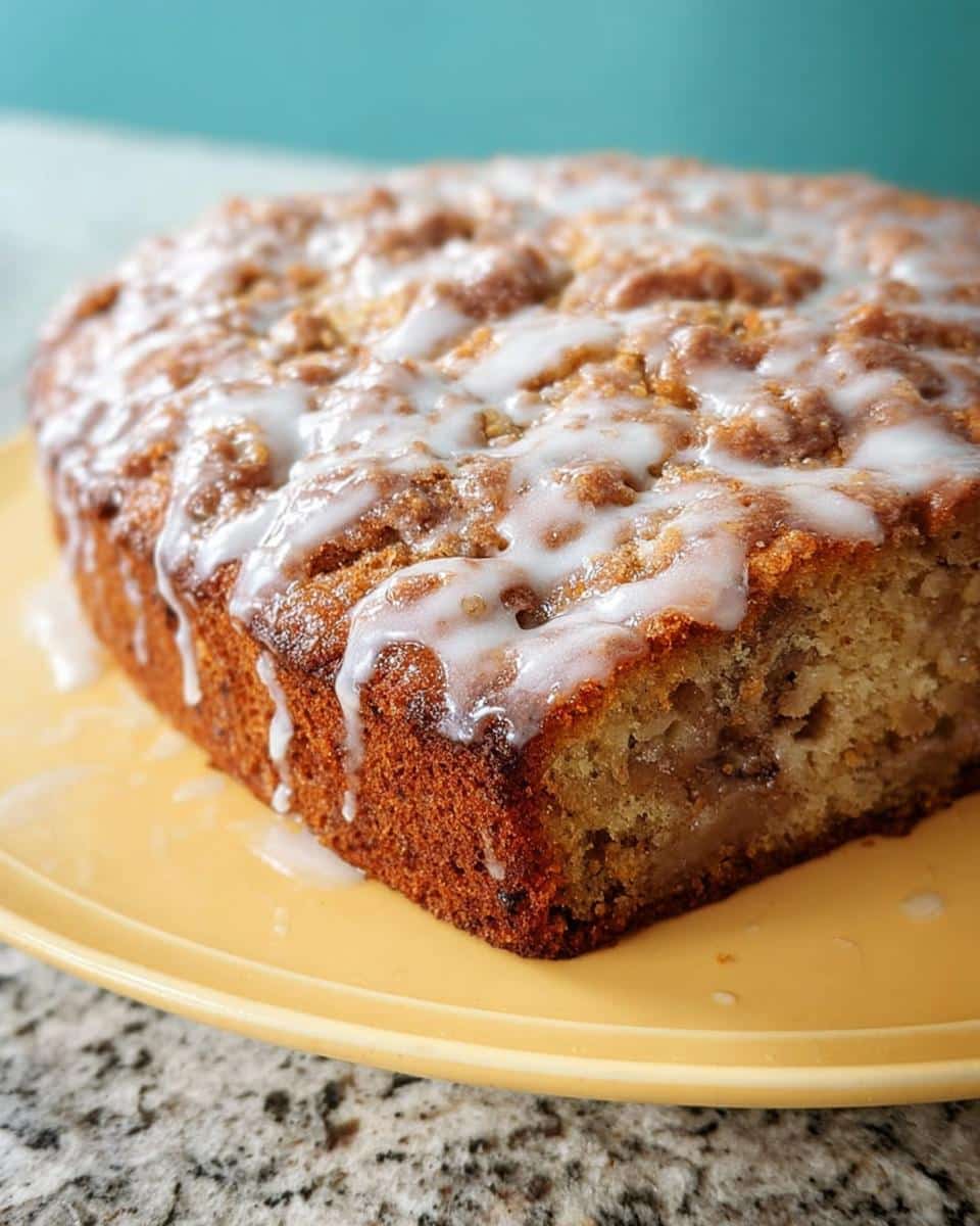 Close-up of a slice of Easy Apple Cinnamon Cake with a crumb topping and white glaze drizzled over it.