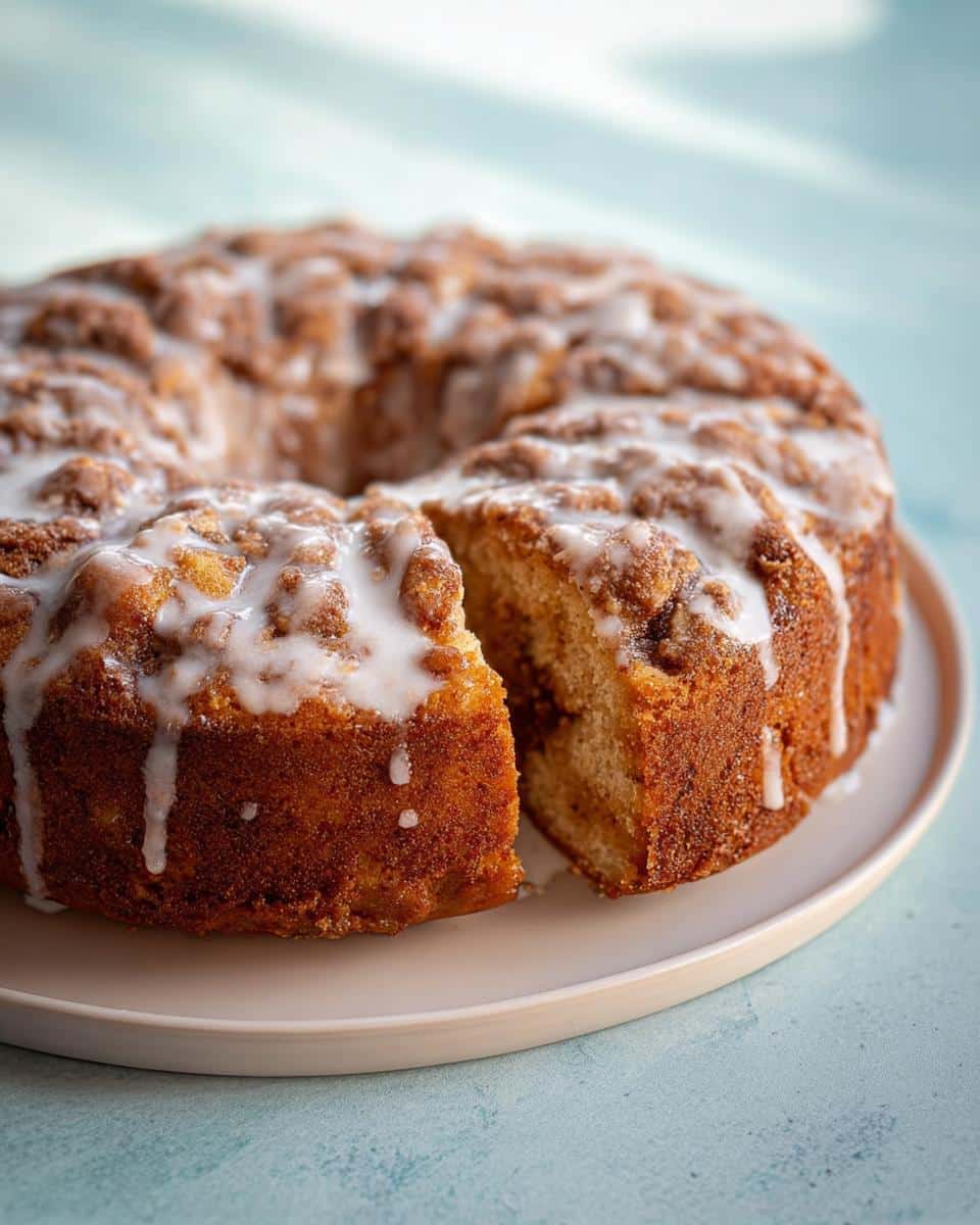 A round Easy Apple Cinnamon Cake with a slice cut out, topped with streusel and white icing drizzle.