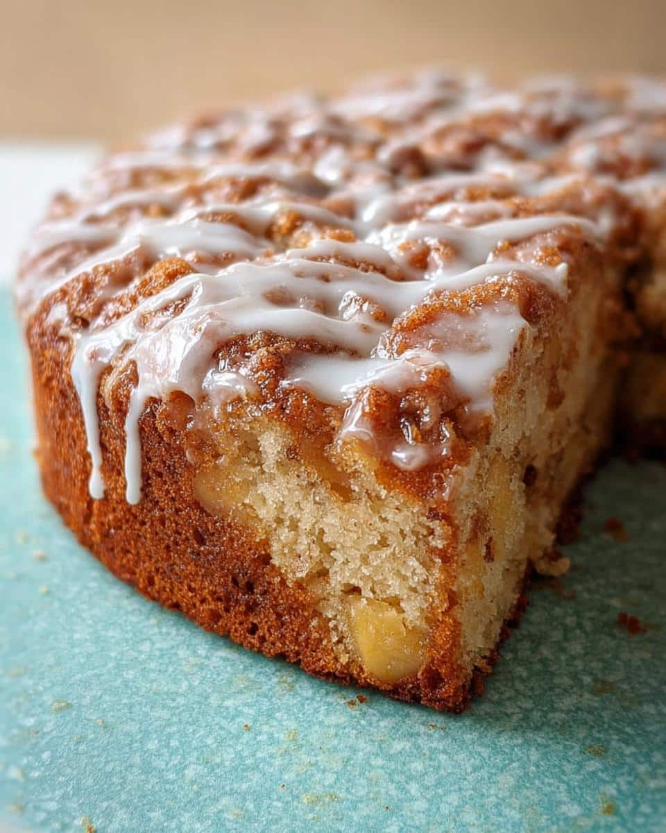 Close-up of a slice of Easy Apple Cinnamon Cake showing chunks of apple inside and drizzled with white icing.