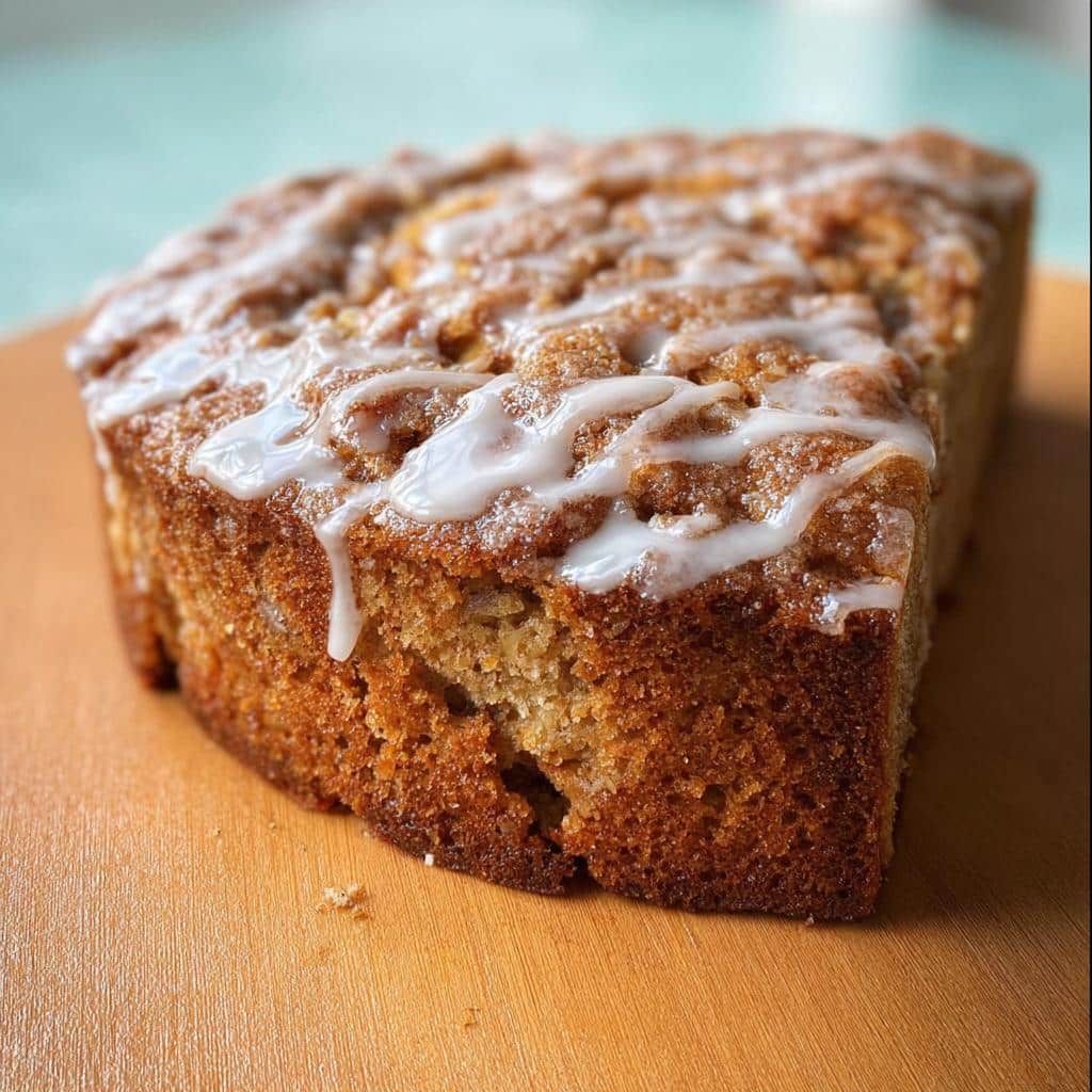 Close-up of a moist slice of Easy Apple Cinnamon Cake topped with a white sugar glaze drizzle.