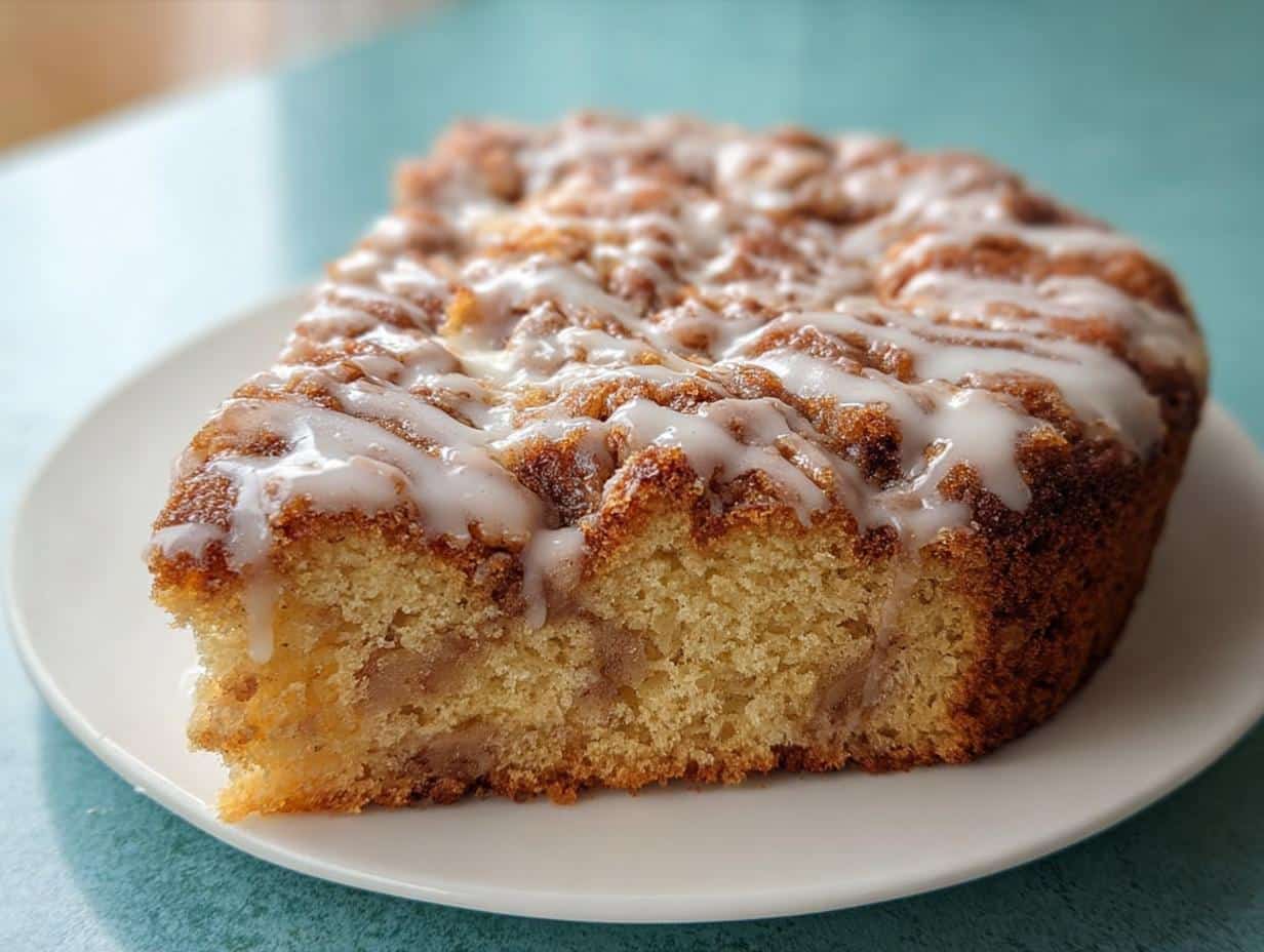 A close-up slice of Easy Apple Cinnamon Cake topped with a sweet white glaze.