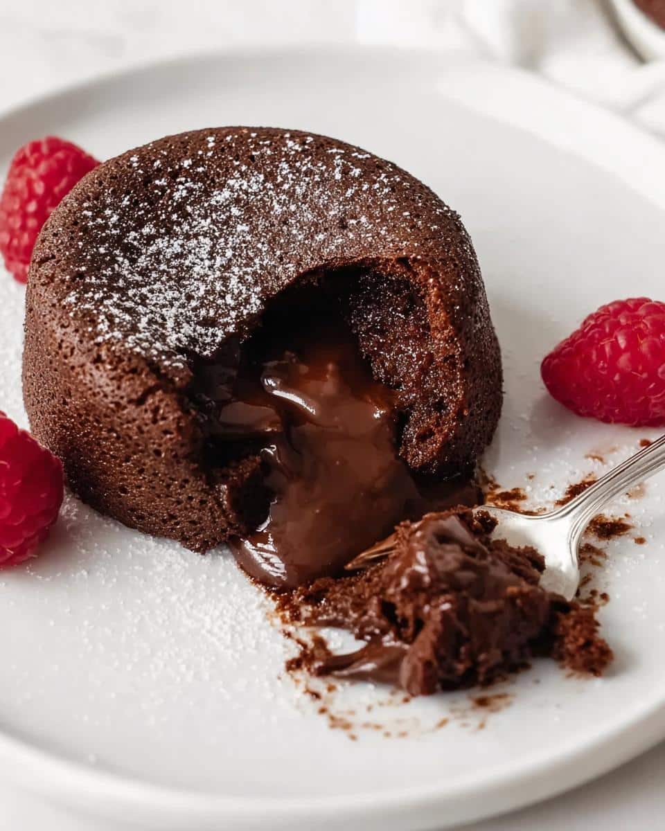 Close-up of an Easy Chocolate Lava Cake with molten chocolate flowing out, dusted with powdered sugar and served with raspberries.