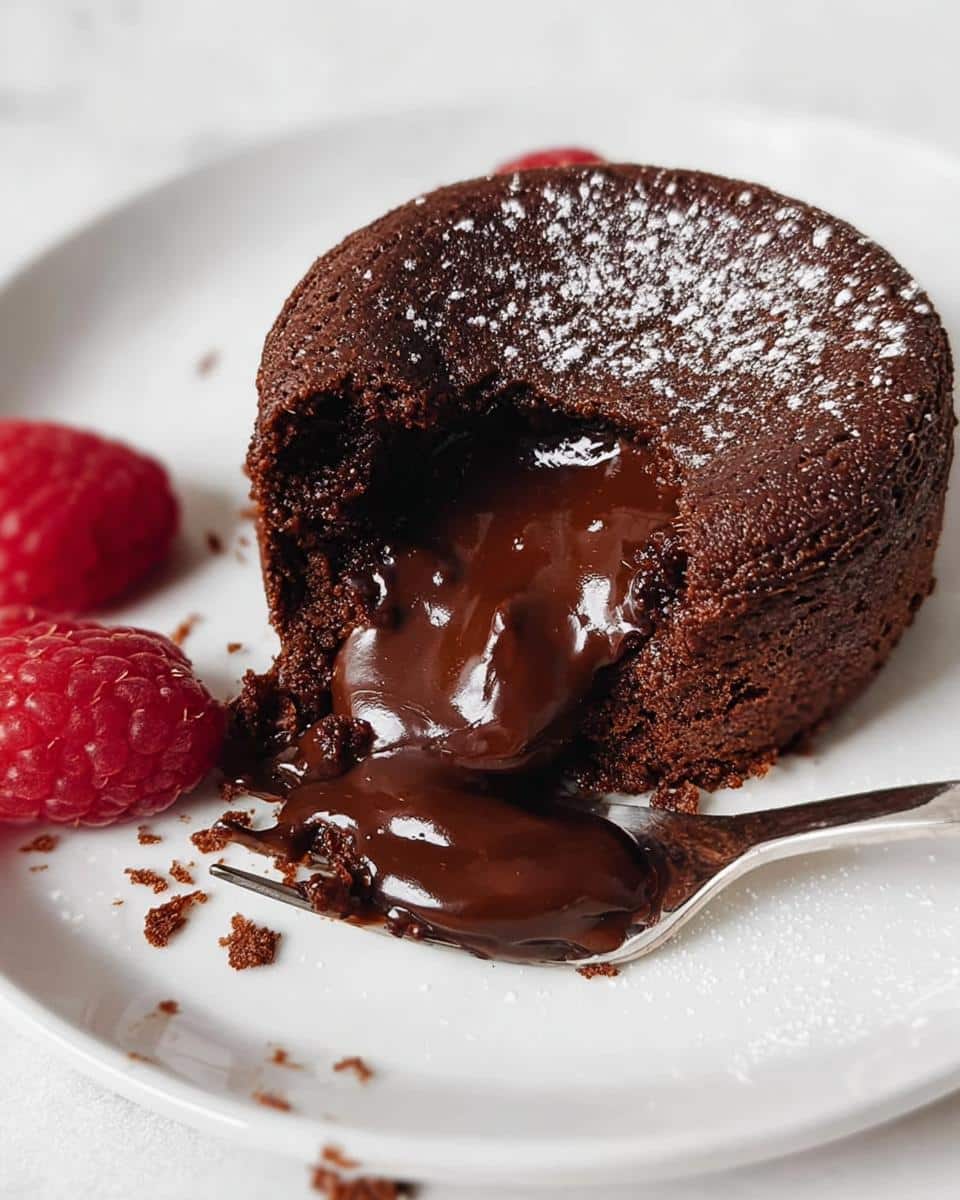 Close-up of an Easy Chocolate Lava Cake with molten center oozing out onto a fork, garnished with raspberries.
