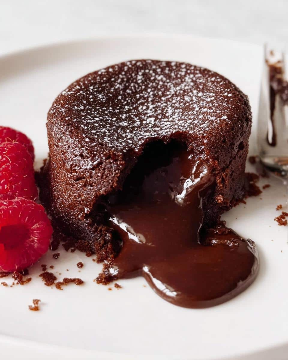Close-up of Easy Chocolate Lava Cakes with molten chocolate oozing out, dusted with powdered sugar and served with raspberries.
