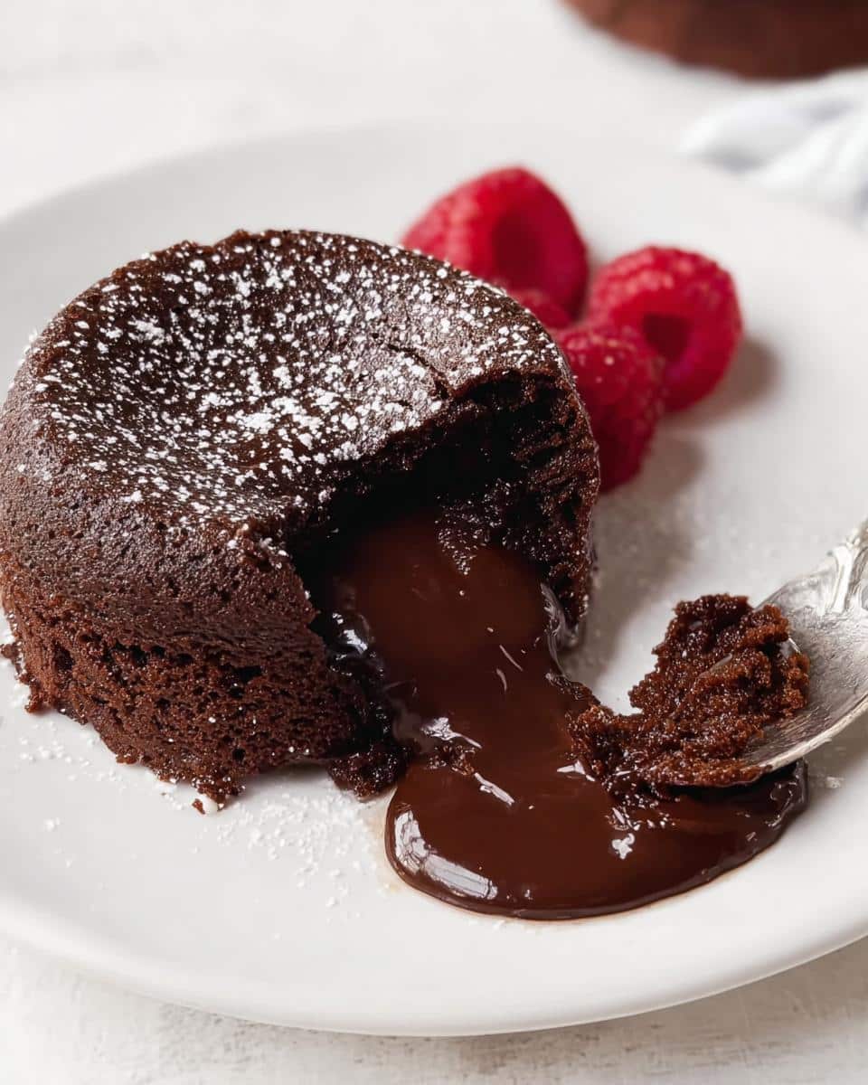 Close-up of an Easy Chocolate Lava Cake with molten chocolate oozing out, dusted with powdered sugar and served with raspberries.