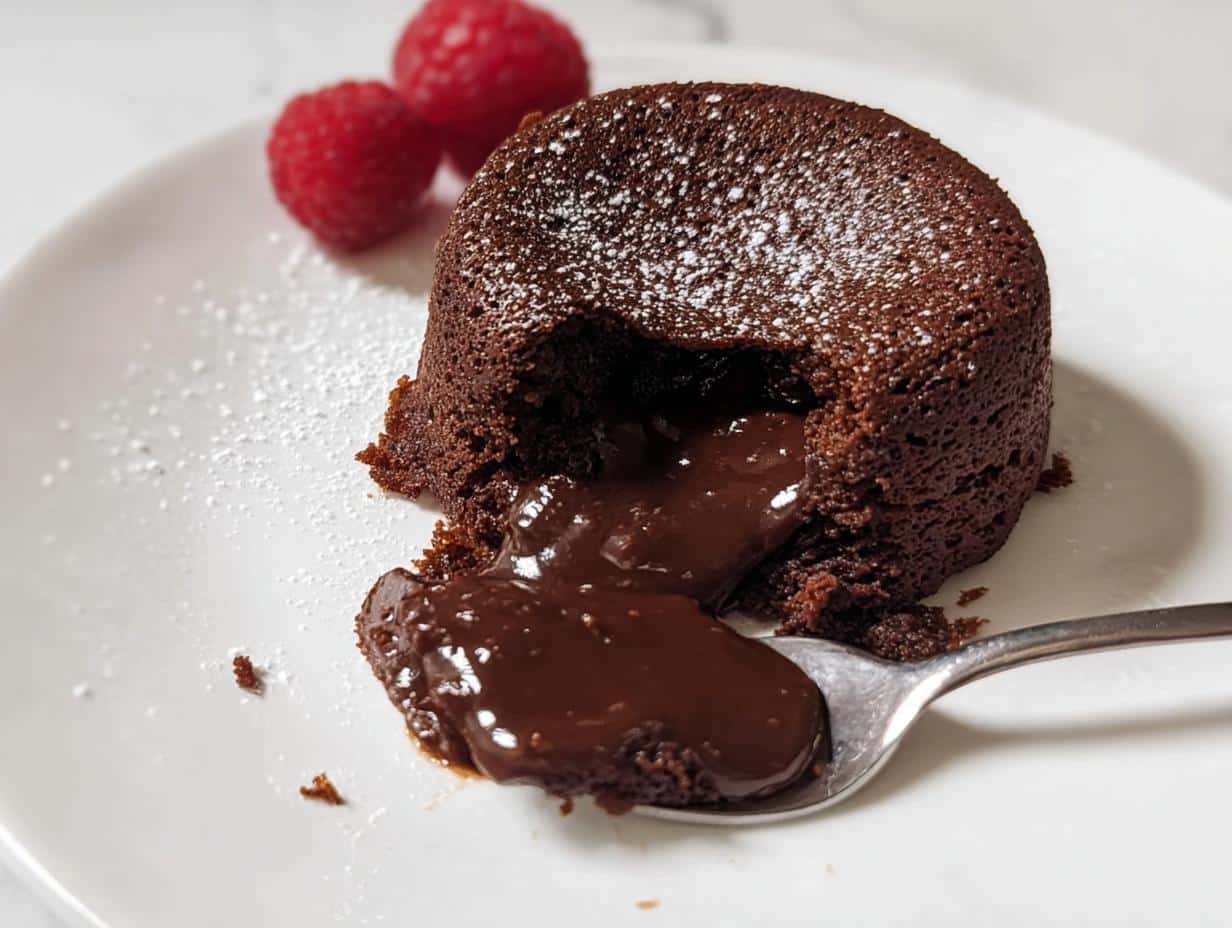 A close-up of an Easy Chocolate Lava Cake with molten chocolate oozing out onto a spoon, garnished with powdered sugar and raspberries.