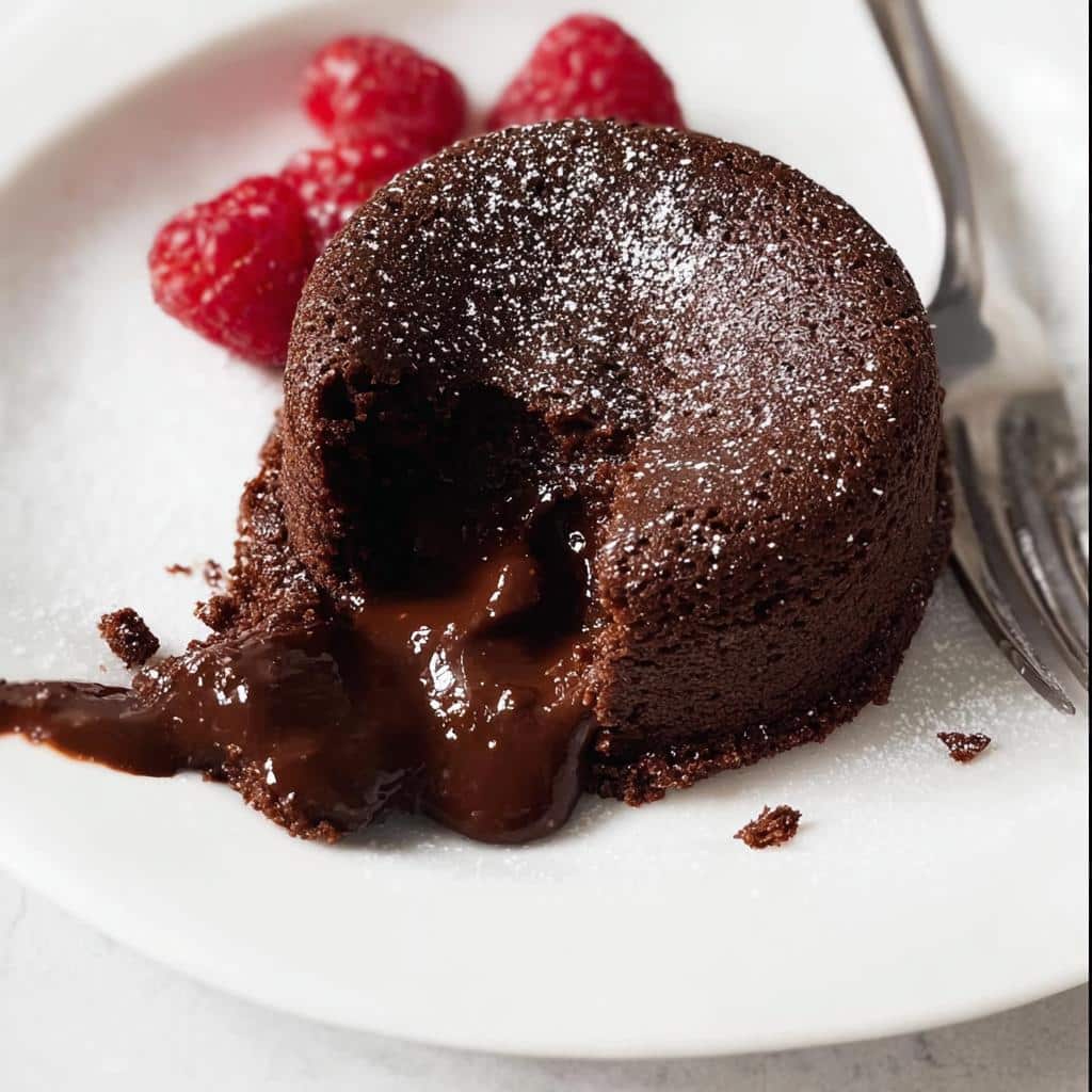 Close-up of an Easy Chocolate Lava Cake with molten chocolate flowing out, dusted with powdered sugar and served with raspberries.