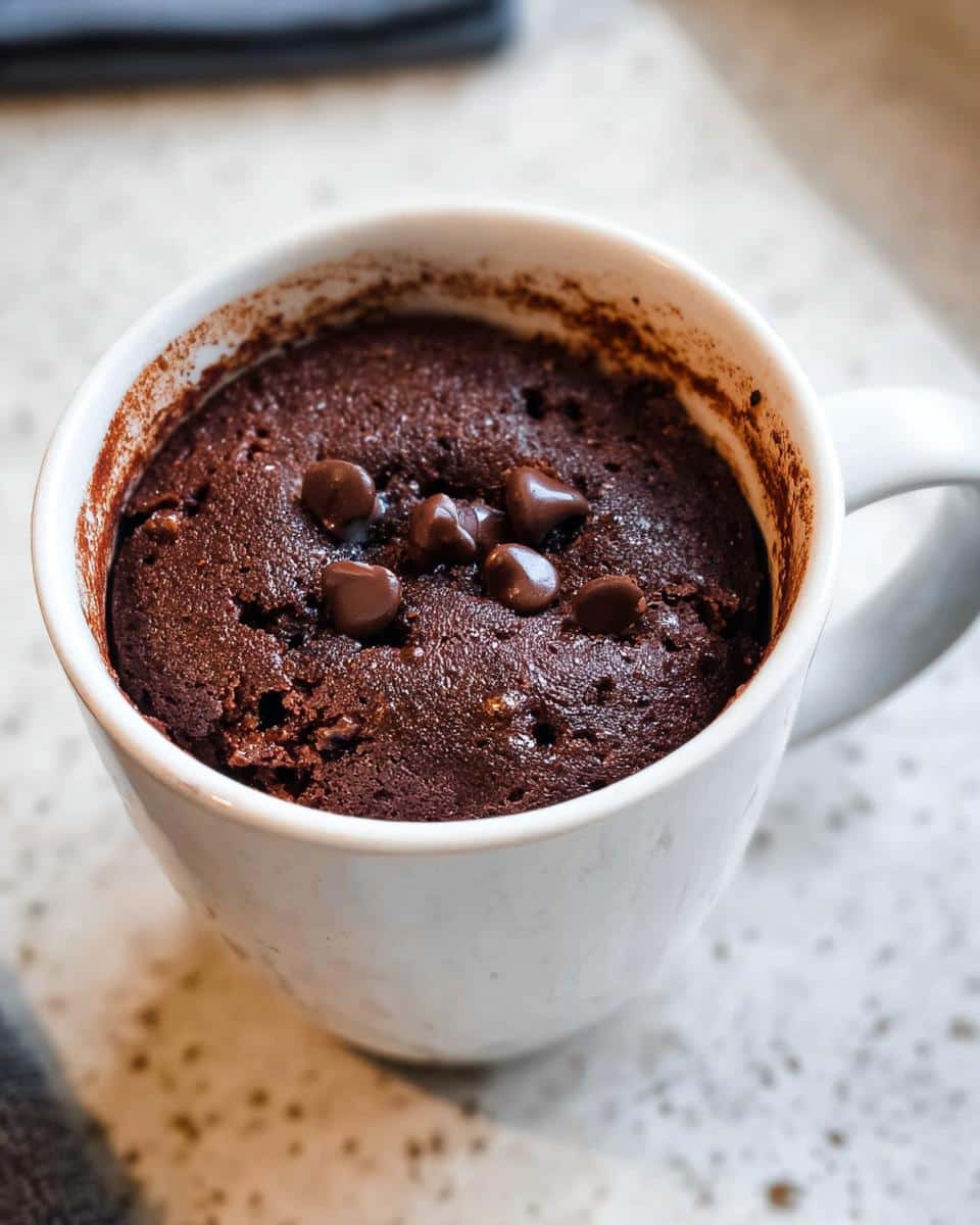 Close-up of a freshly baked Easy Chocolate Mug Cake topped with melted chocolate chips in a white mug.