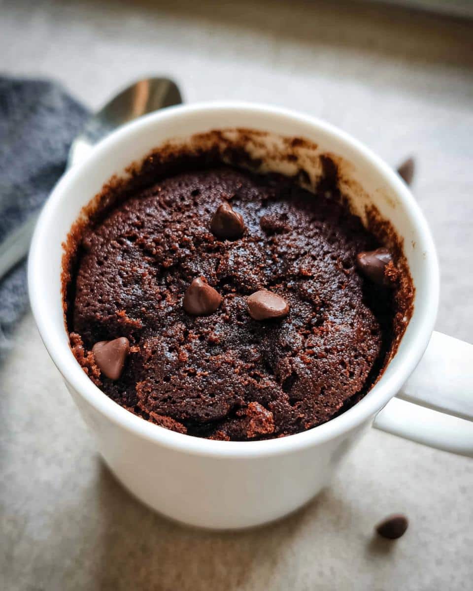 Close-up of a rich, dark Easy Chocolate Mug Cake topped with chocolate chips inside a white mug.