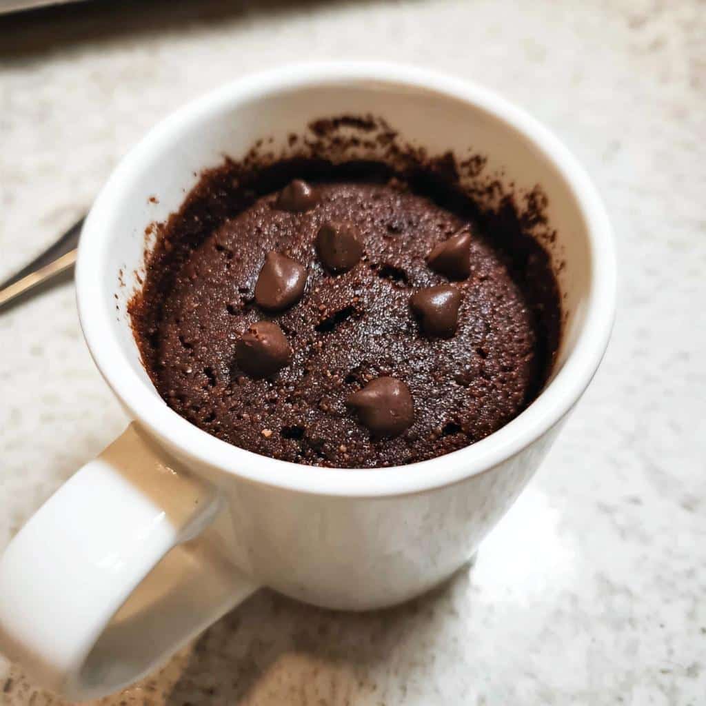 Close-up of a rich, dark Easy Chocolate Mug Cake topped with melted chocolate chips in a white mug.