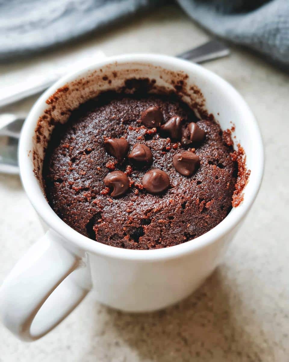 Close-up of a freshly baked Easy Chocolate Mug Cake topped with melted chocolate chips in a white mug.