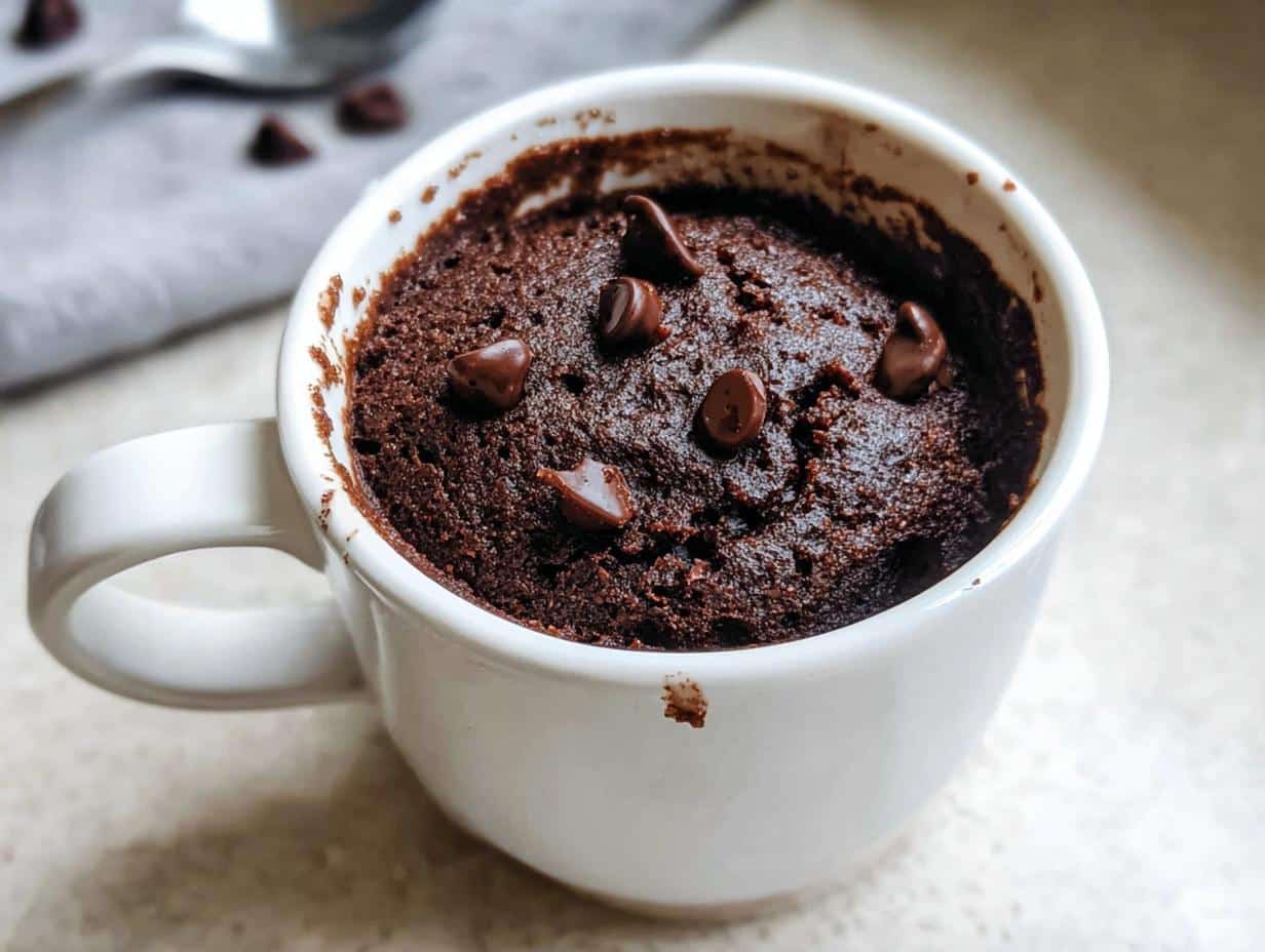 A freshly baked Easy Chocolate Mug Cake topped with melted chocolate chips inside a white mug.