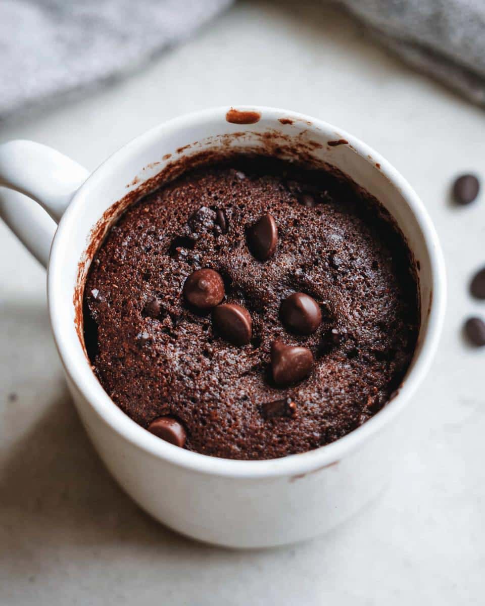 Close-up of a freshly baked Easy Chocolate Mug Cake in a white mug, topped with melted chocolate chips.
