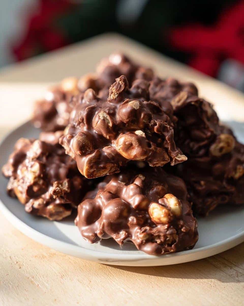 A pile of glossy, homemade Chocolate Peanut Clusters made with melted chocolate and whole peanuts, sitting on a light gray plate.
