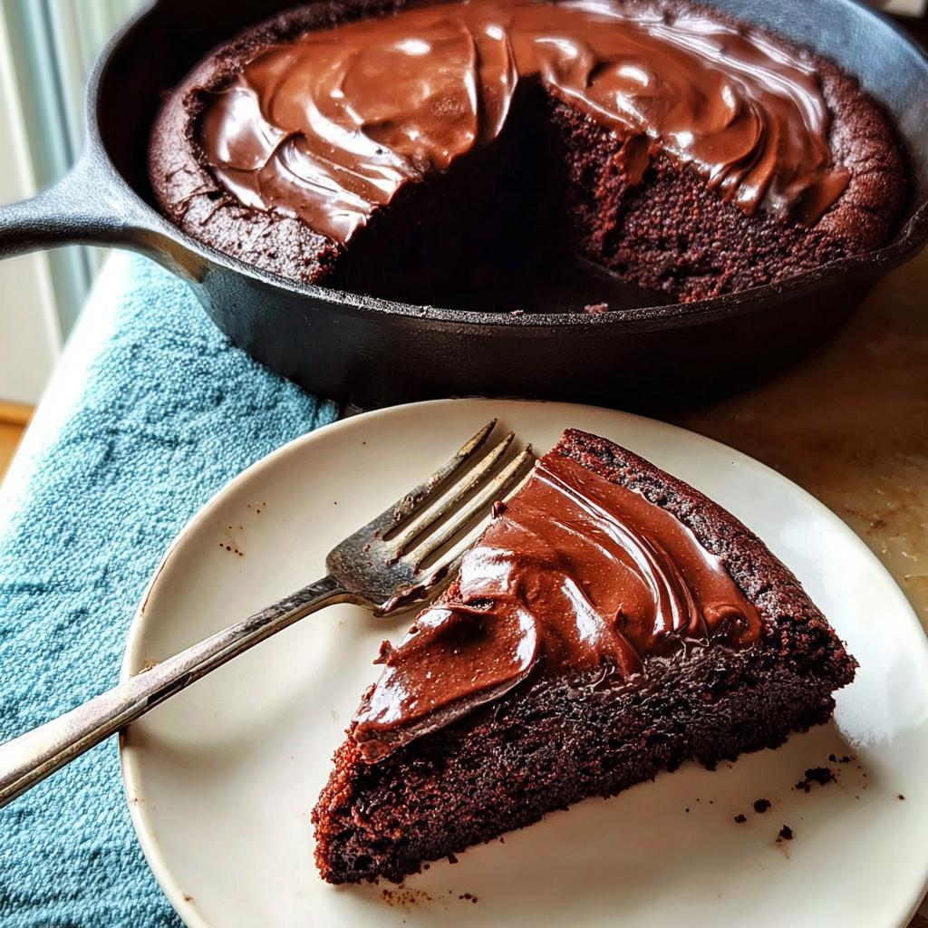 A slice of rich, dark Easy Chocolate Skillet Cake with thick chocolate frosting on a white plate.