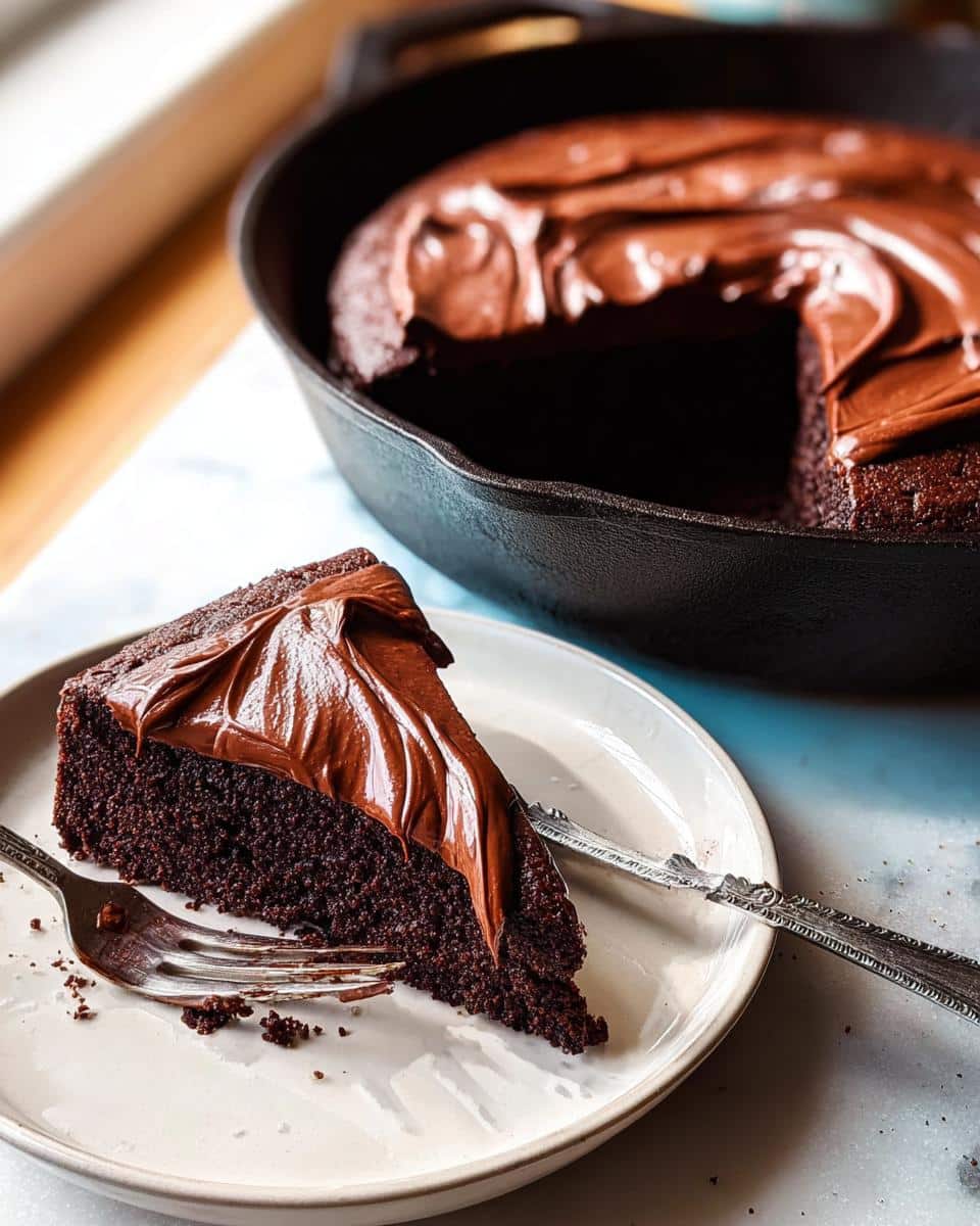 A slice of rich, dark Easy Chocolate Skillet Cake topped with glossy chocolate frosting on a white plate.