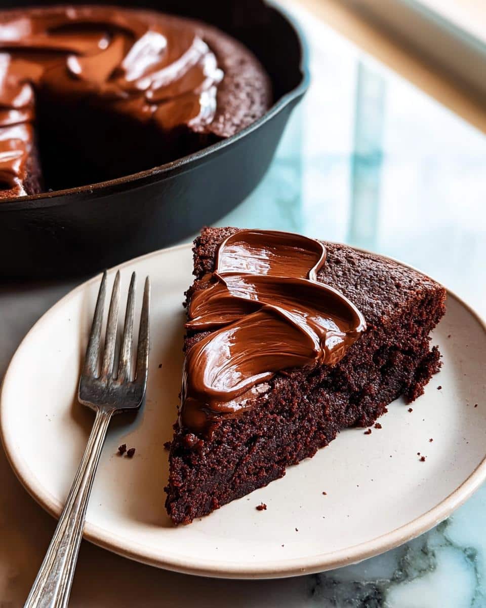 A slice of rich, dark Easy Chocolate Skillet Cake topped with glossy chocolate frosting on a plate.