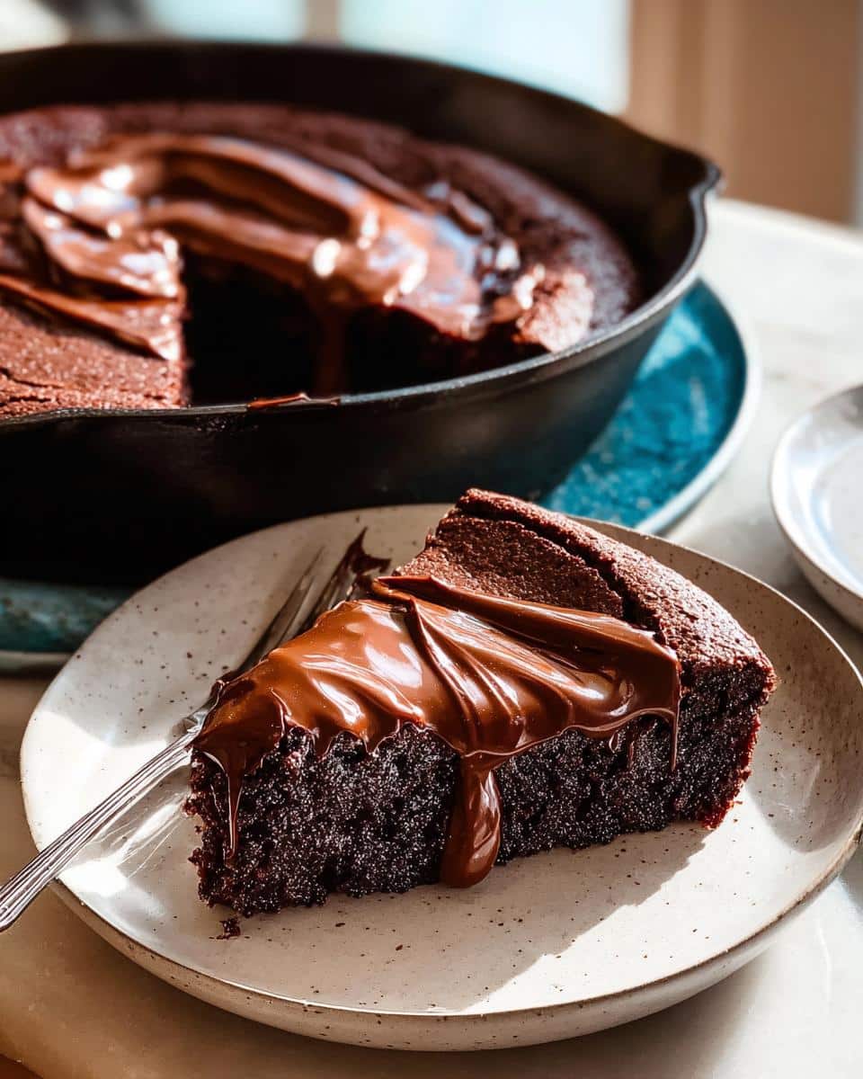 A decadent slice of Easy Chocolate Skillet Cake topped with thick, glossy chocolate fudge, served on a speckled plate.