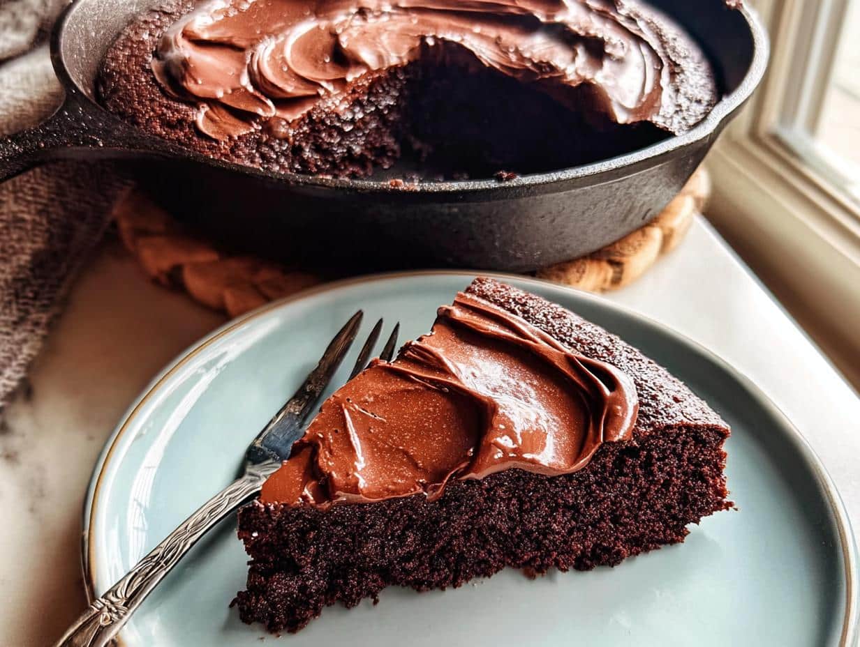 A slice of moist Easy Chocolate Skillet Cake topped with thick chocolate frosting on a blue plate.