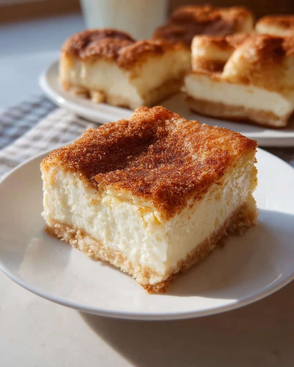 A single square of creamy Easy Cream Cheese Dessert Squares with a cinnamon-sugar topping on a white plate.