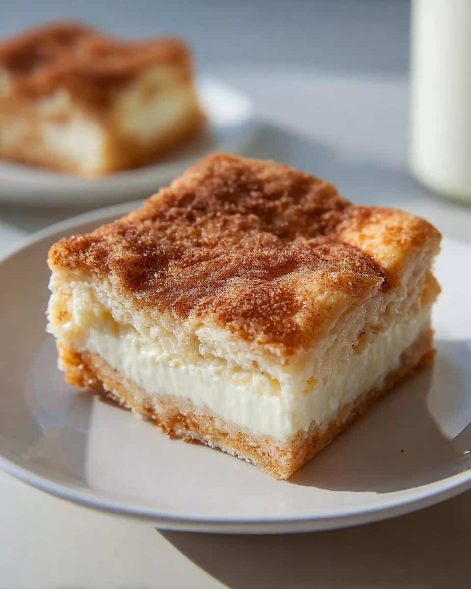 A thick square slice of Easy Cream Cheese Dessert Squares with a creamy white filling and cinnamon-sugar topping.