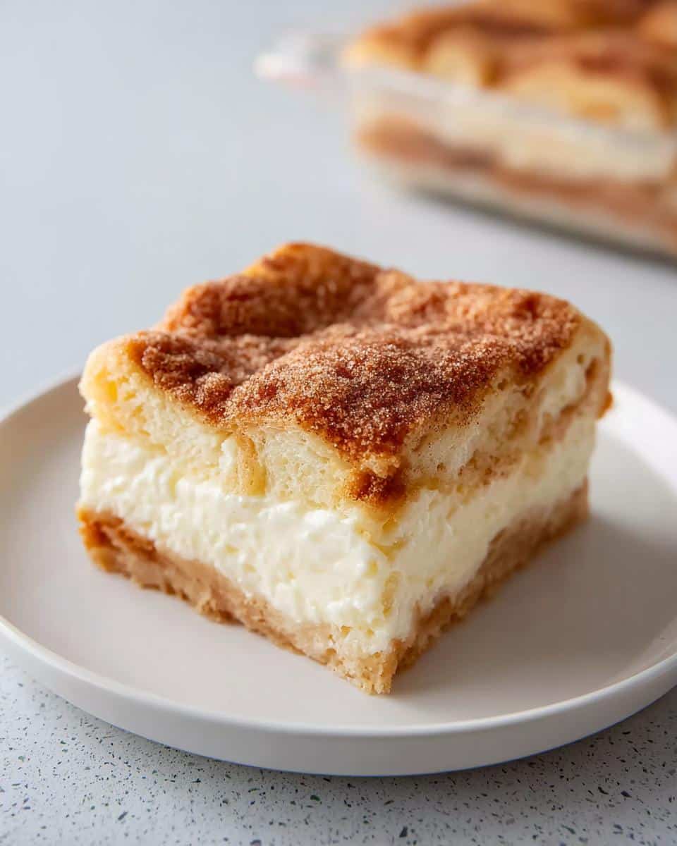 A single square of Easy Cream Cheese Dessert Squares with a thick cream cheese layer and cinnamon-sugar topping.