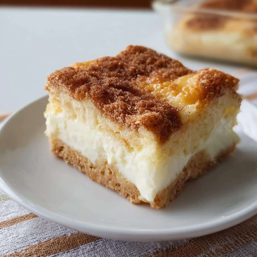 A single serving of Easy Cream Cheese Dessert Squares with a thick, creamy layer and a cinnamon-sugar crumble top.
