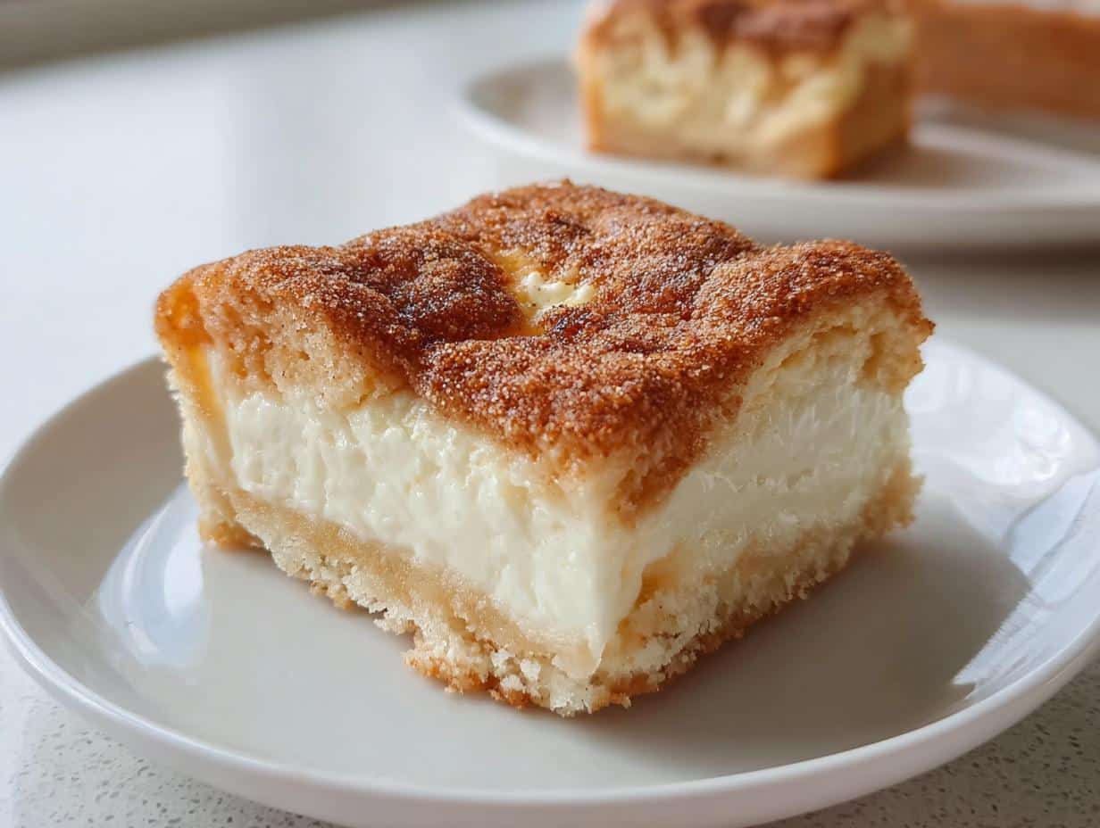 A thick, square slice of Easy Cream Cheese Dessert Squares with a creamy white filling and cinnamon sugar topping.