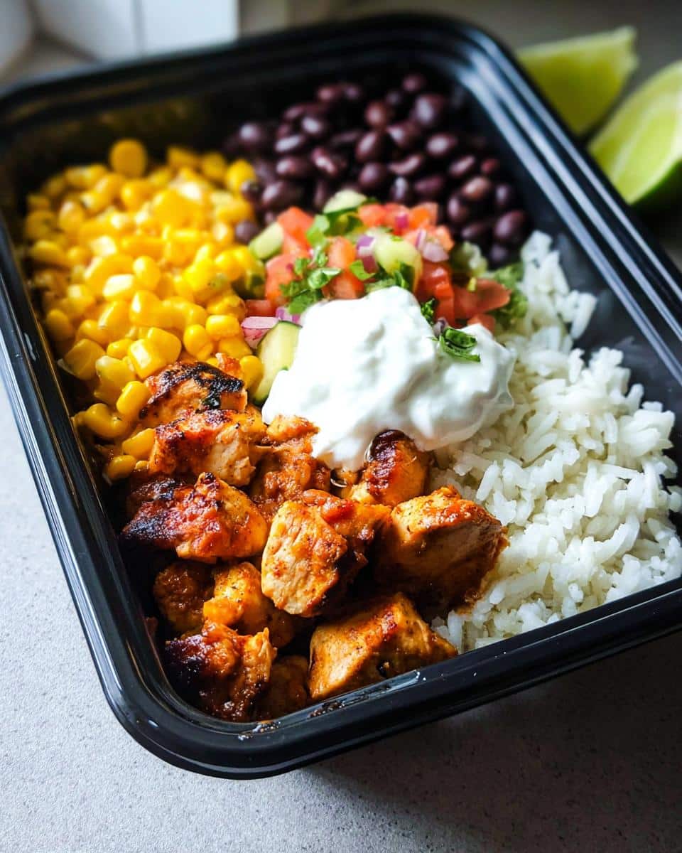 A black meal prep container filled with seasoned chicken, white rice, black beans, corn, salsa, and sour cream for an Easy Gluten-Free Chicken Meal Prep Bowl.