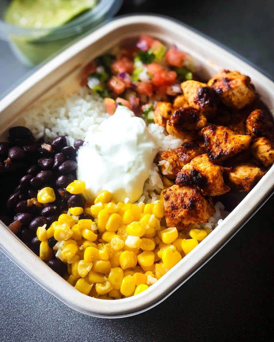 Close-up of an Easy Gluten-Free Chicken Meal Prep Bowl featuring seasoned chicken, rice, black beans, corn, salsa, and sour cream.